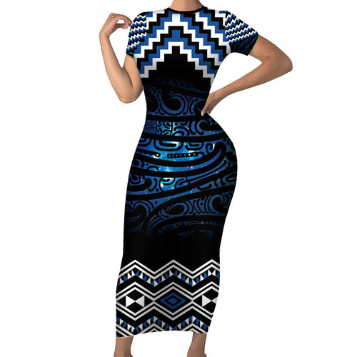 New Zealand Matariki Family Matching Short Sleeve Bodycon Dress and Hawaiian Shirt Galaxy Styled Taniko