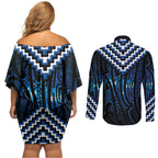 New Zealand Matariki Couples Matching Off Shoulder Short Dress and Long Sleeve Button Shirt Galaxy Poutama Motifs