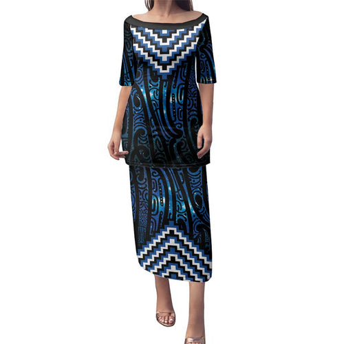 New Zealand Matariki Family Matching Puletasi and Hawaiian Shirt Galaxy Poutama Motifs