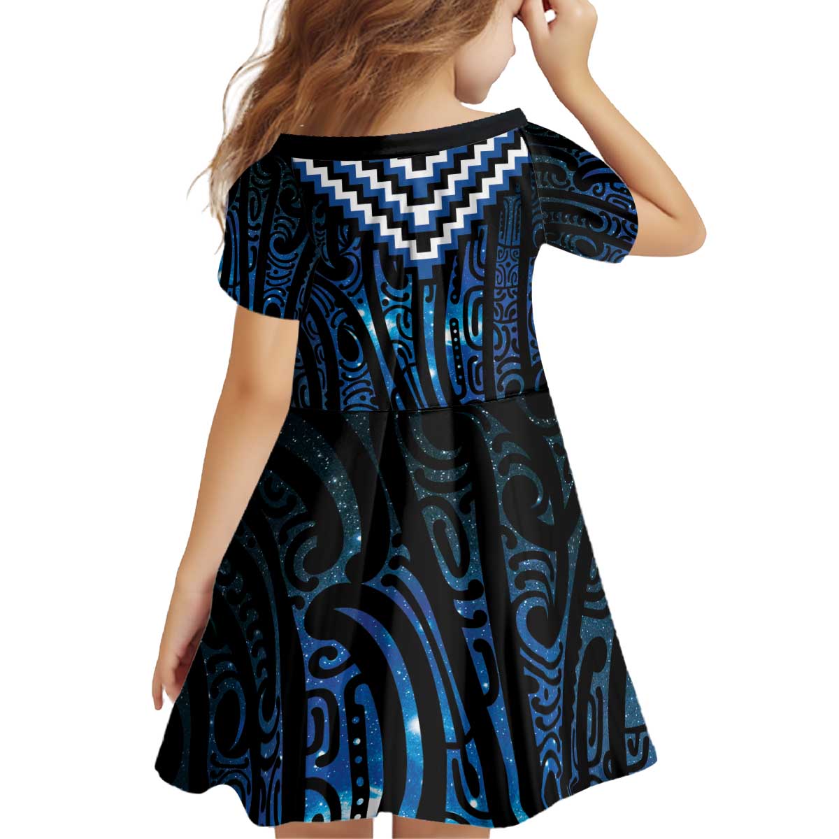 New Zealand Matariki Kid Short Sleeve Dress Galaxy Poutama Motifs