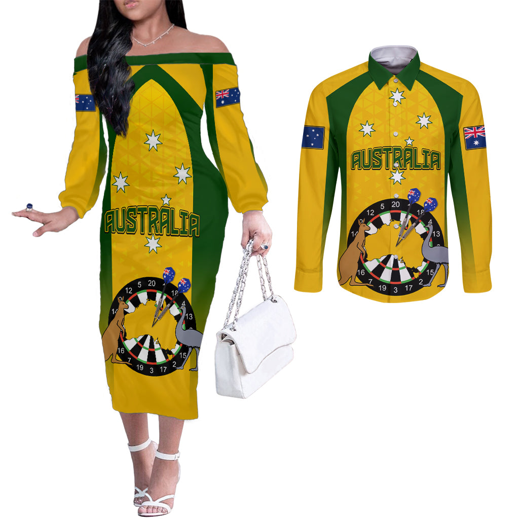 custom-australia-darts-couples-matching-off-the-shoulder-long-sleeve-dress-and-long-sleeve-button-shirt-national-color-basic