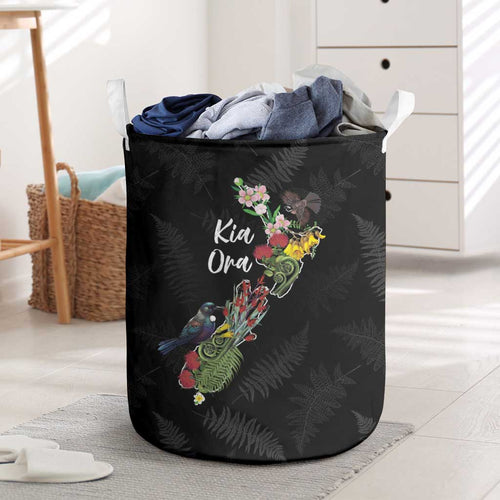 Kia Ora New Zealand Floral Laundry Basket Black - Aussie Hoodie