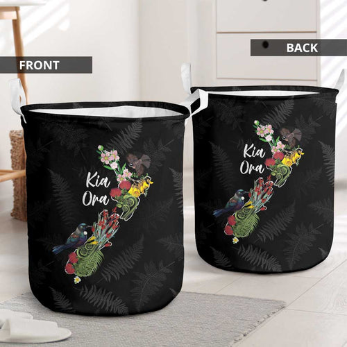 Kia Ora New Zealand Floral Laundry Basket Black - Aussie Hoodie