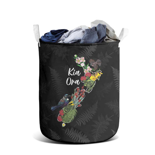 Kia Ora New Zealand Floral Laundry Basket Black - Aussie Hoodie