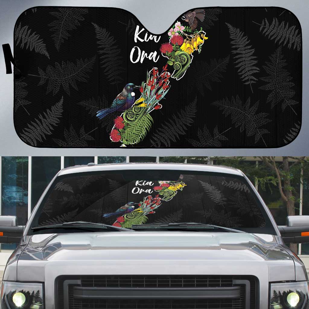 Kia Ora New Zealand Floral Auto Sun Shade Black - Aussie Hoodie
