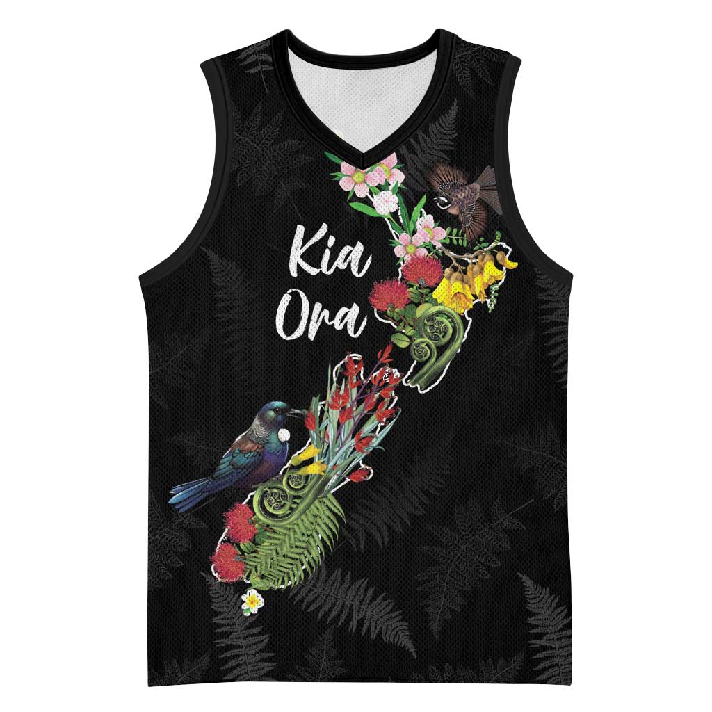 Kia Ora New Zealand Floral Personalized Basketball Jersey Black - Aussie Hoodie