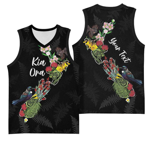 Kia Ora New Zealand Floral Personalized Basketball Jersey Black - Aussie Hoodie