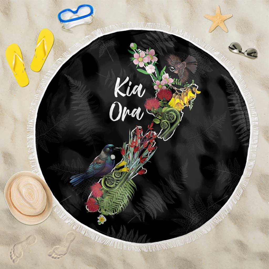 Kia Ora New Zealand Floral Beach Blanket Black - Aussie Hoodie