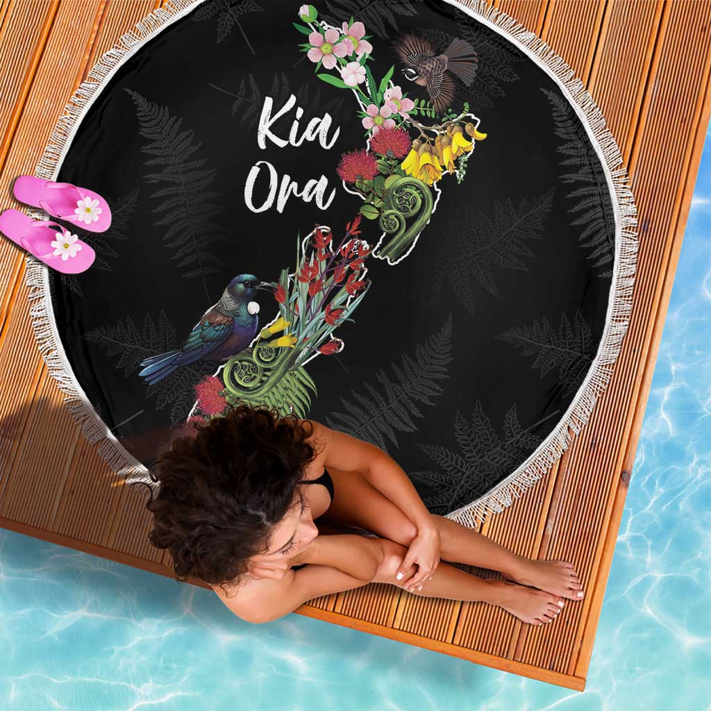 Kia Ora New Zealand Floral Beach Blanket Black - Aussie Hoodie