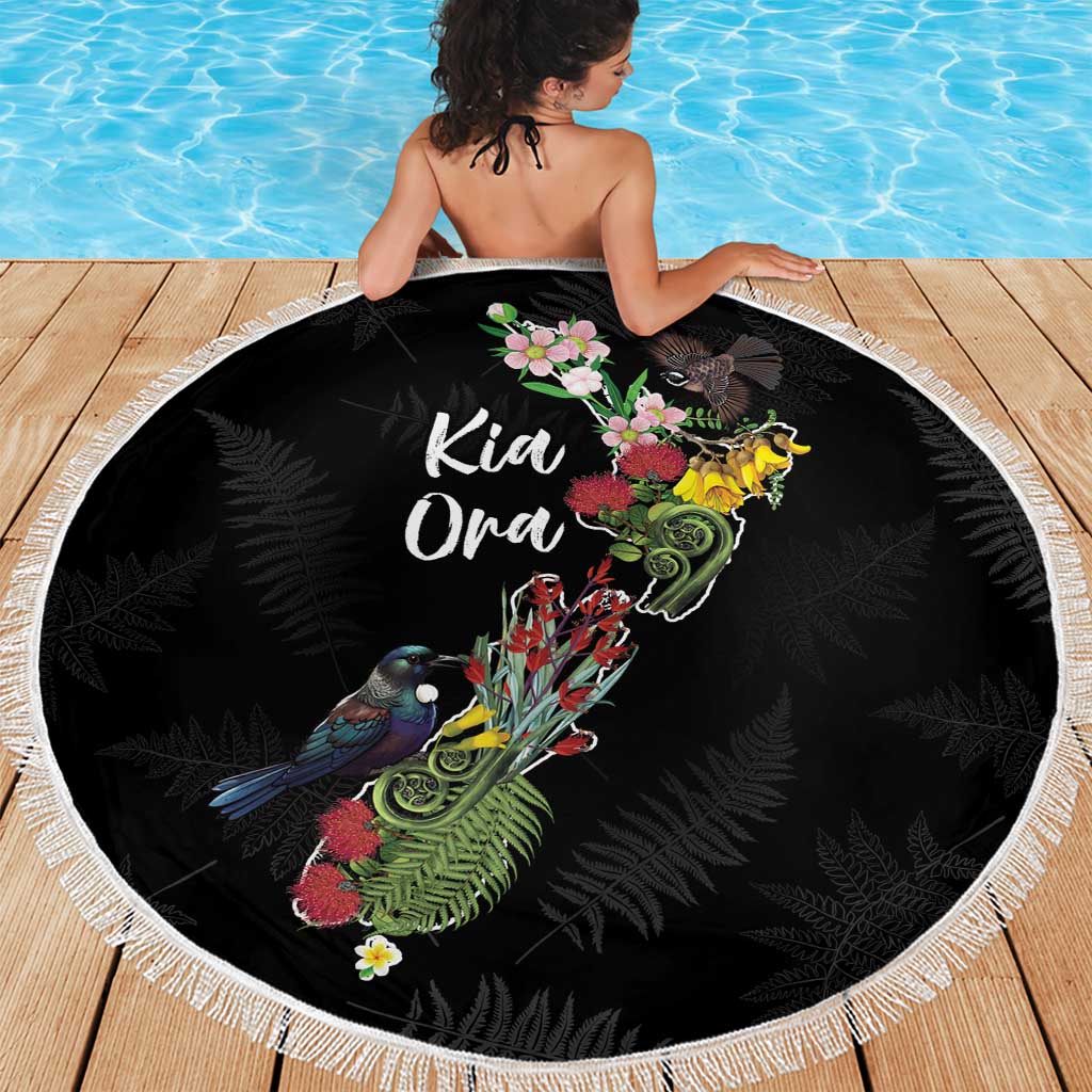 Kia Ora New Zealand Floral Beach Blanket Black - Aussie Hoodie