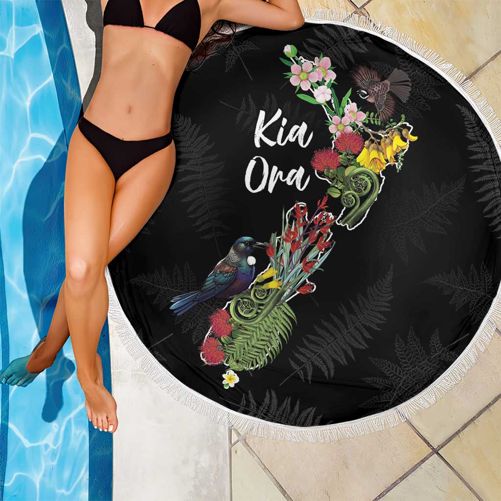 Kia Ora New Zealand Floral Beach Blanket Black - Aussie Hoodie