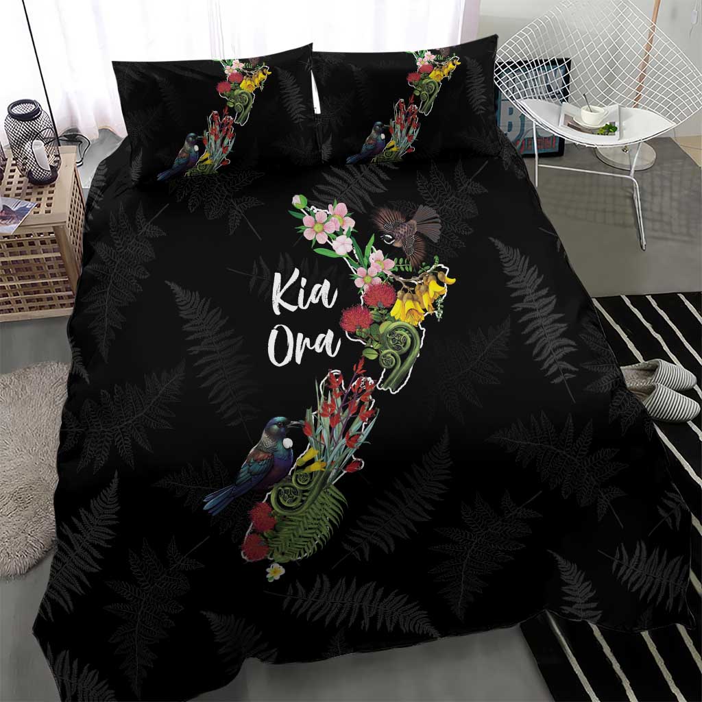 Kia Ora New Zealand Floral Bedding Set Black - Aussie Hoodie