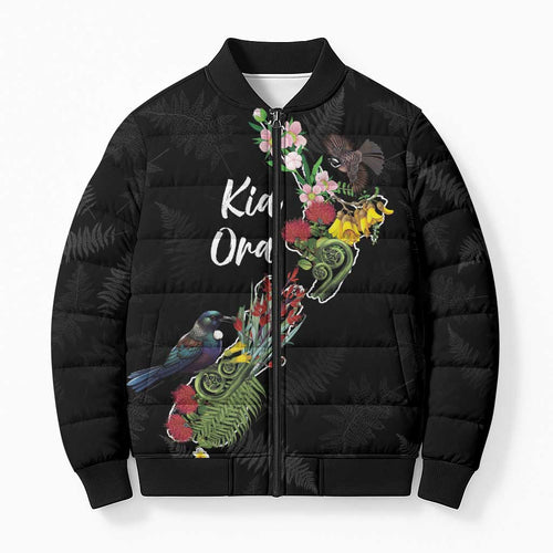 Kia Ora New Zealand Floral Personalized Bomber Puffer Jacket Black - Aussie Hoodie