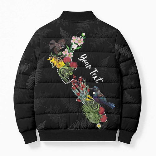 Kia Ora New Zealand Floral Personalized Bomber Puffer Jacket Black - Aussie Hoodie