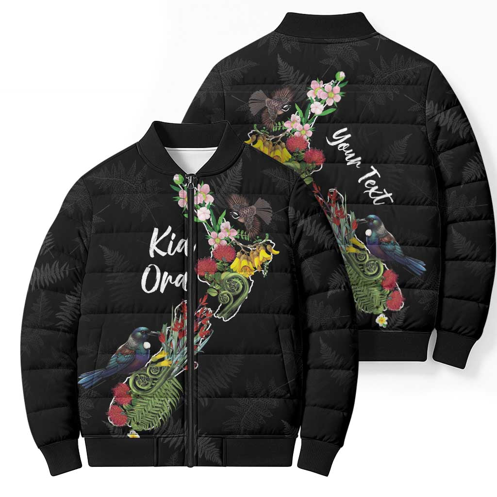 Kia Ora New Zealand Floral Personalized Bomber Puffer Jacket Black - Aussie Hoodie