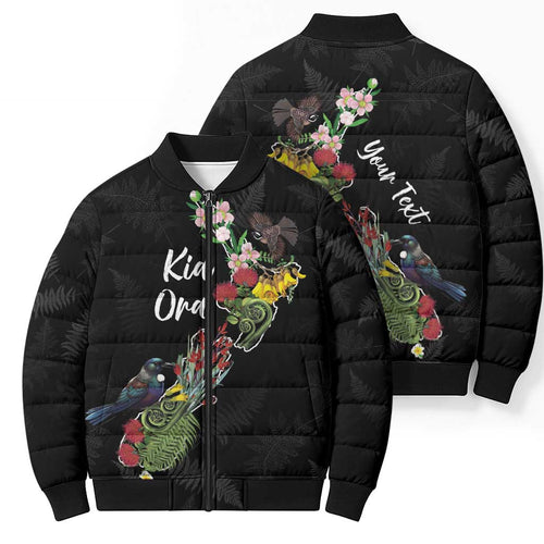 Kia Ora New Zealand Floral Personalized Bomber Puffer Jacket Black - Aussie Hoodie