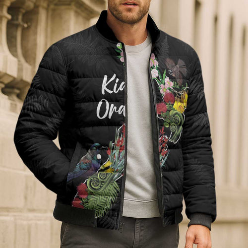 Kia Ora New Zealand Floral Personalized Bomber Puffer Jacket Black - Aussie Hoodie