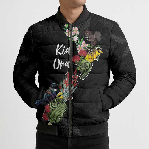 Kia Ora New Zealand Floral Personalized Bomber Puffer Jacket Black - Aussie Hoodie