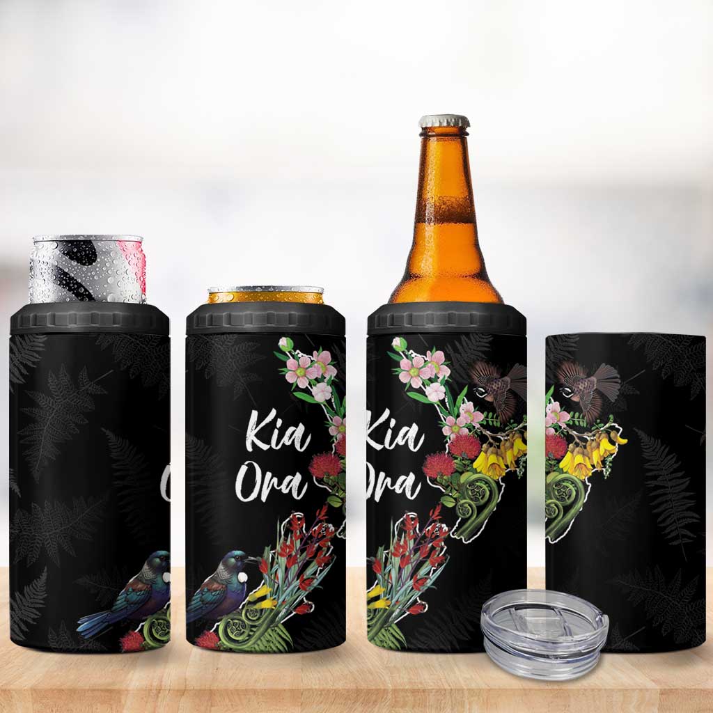 Kia Ora New Zealand Floral 4 in 1 Can Cooler Tumbler Black - Aussie Hoodie
