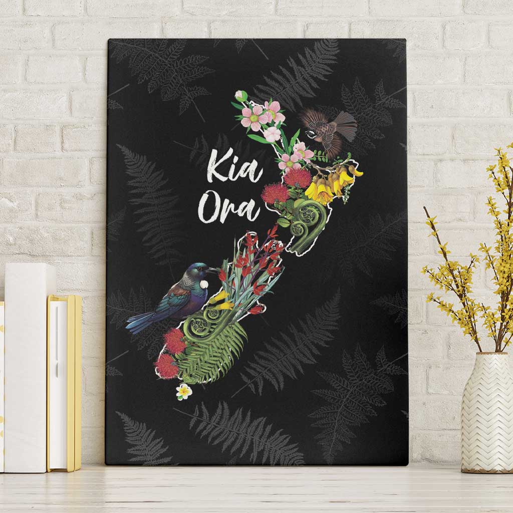 Kia Ora New Zealand Floral Canvas Wall Art Black - Aussie Hoodie