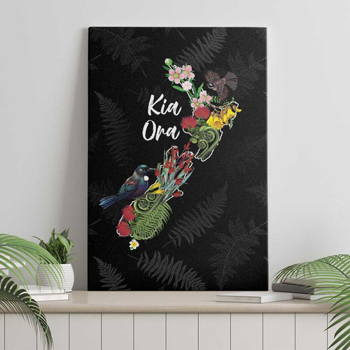 Kia Ora New Zealand Floral Canvas Wall Art Black - Aussie Hoodie
