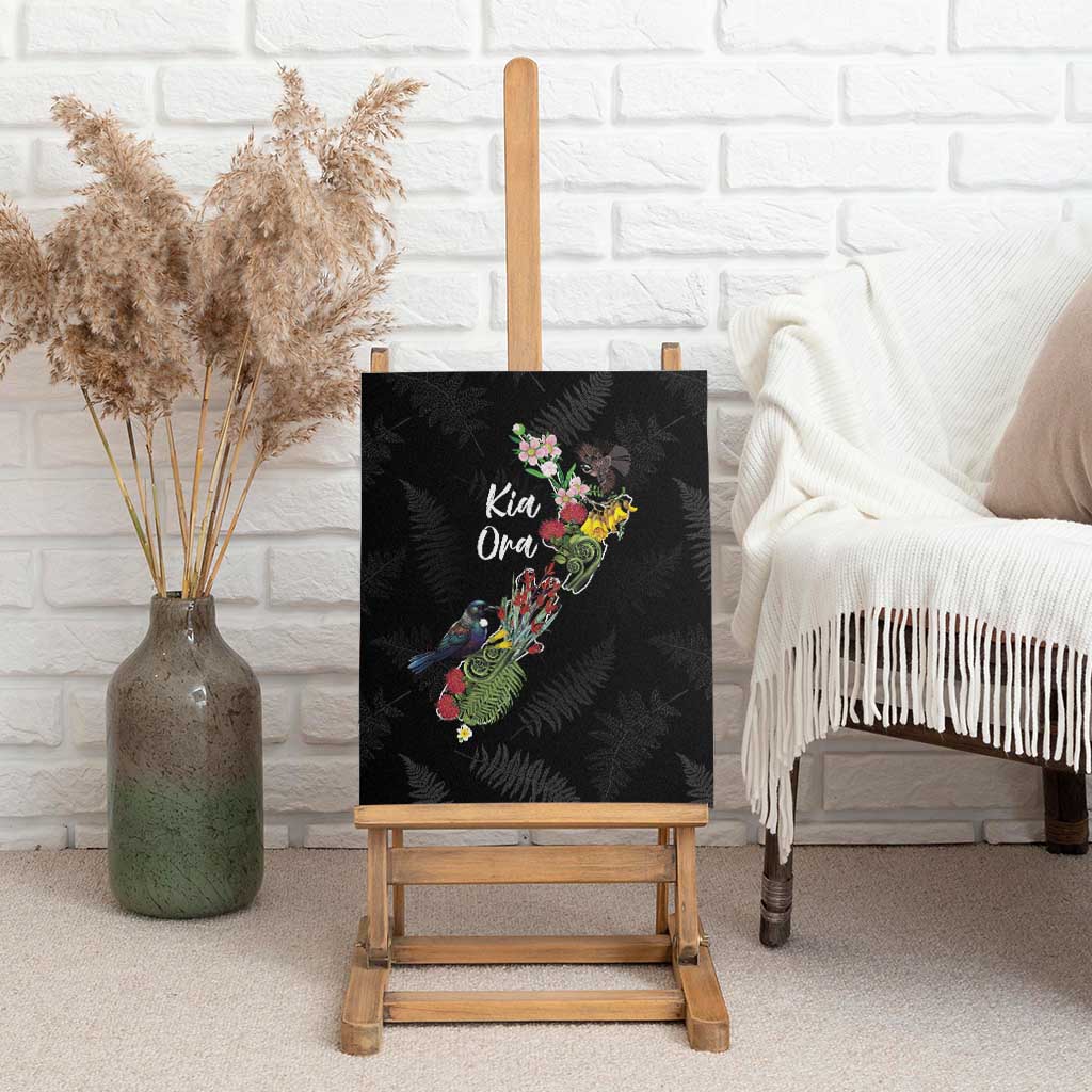 Kia Ora New Zealand Floral Canvas Wall Art Black - Aussie Hoodie