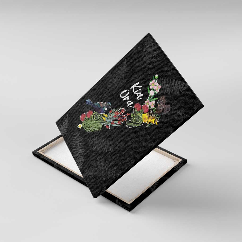 Kia Ora New Zealand Floral Canvas Wall Art Black - Aussie Hoodie