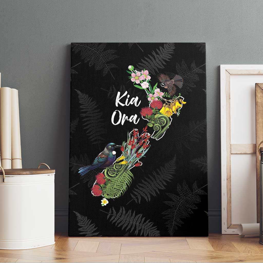 Kia Ora New Zealand Floral Canvas Wall Art Black - Aussie Hoodie