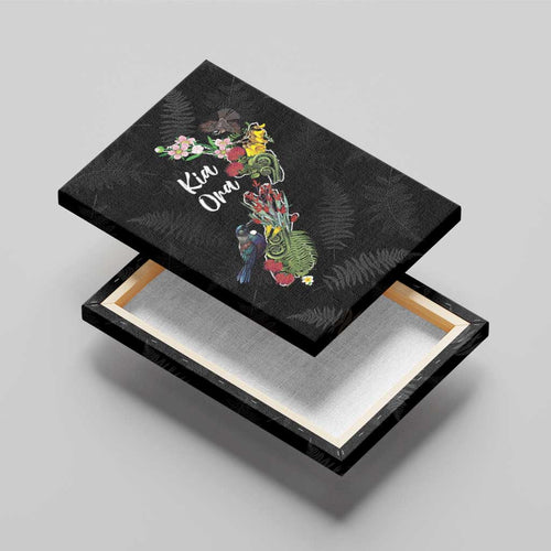 Kia Ora New Zealand Floral Canvas Wall Art Black - Aussie Hoodie