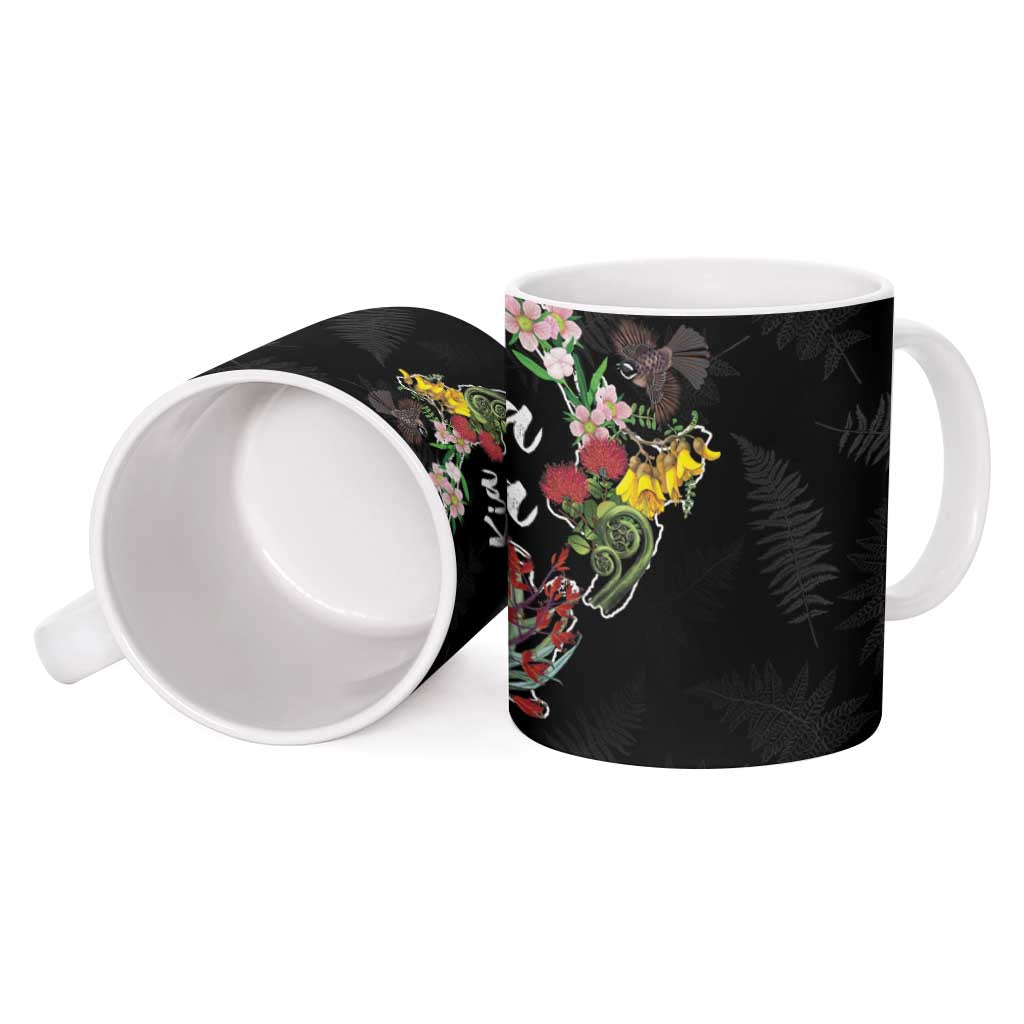 Kia Ora New Zealand Floral Ceramic Mug Black - Aussie Hoodie