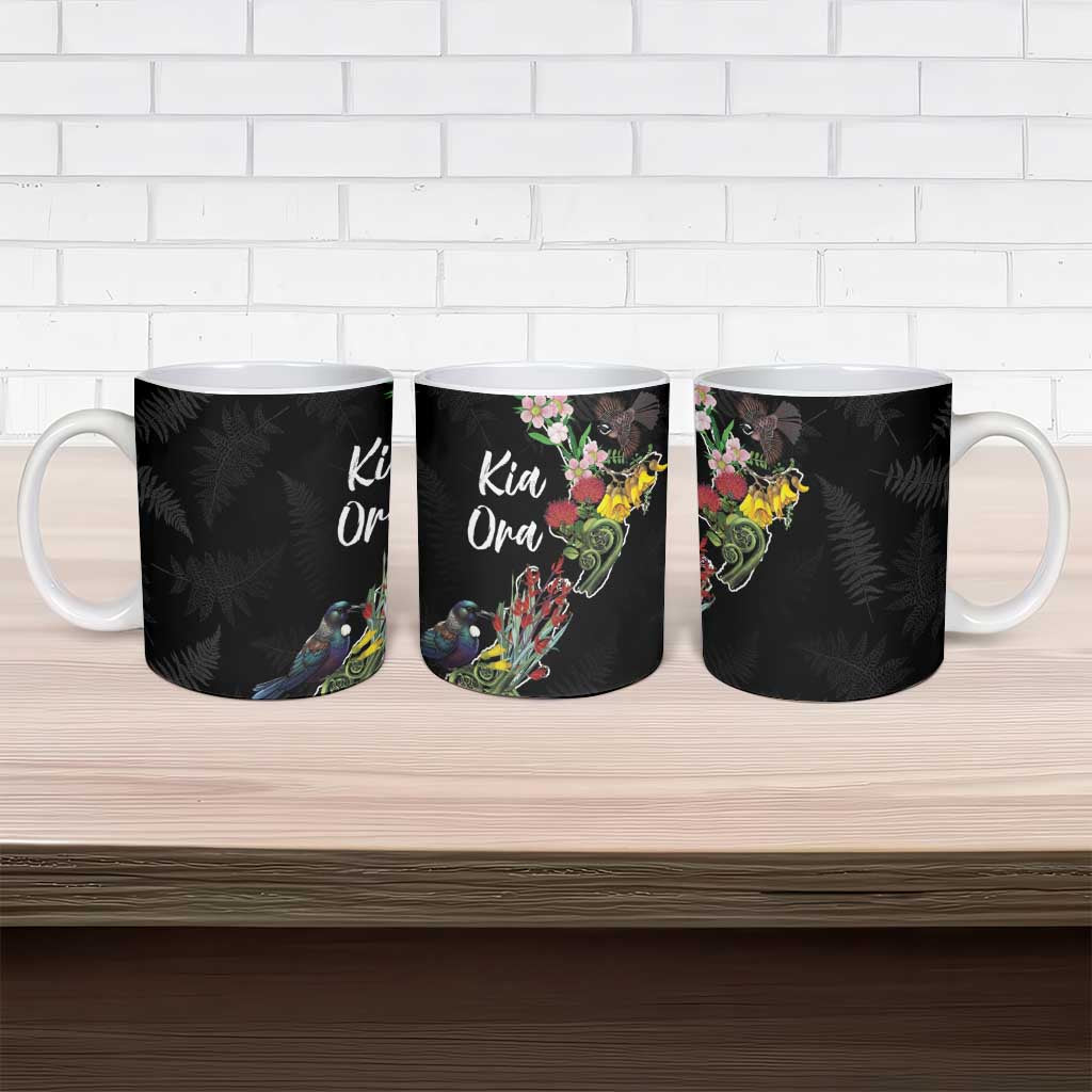 Kia Ora New Zealand Floral Ceramic Mug Black - Aussie Hoodie