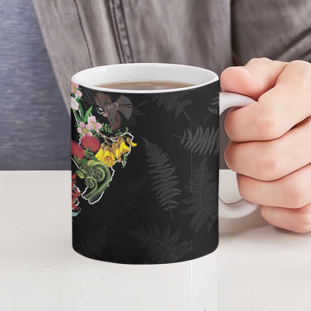 Kia Ora New Zealand Floral Ceramic Mug Black - Aussie Hoodie