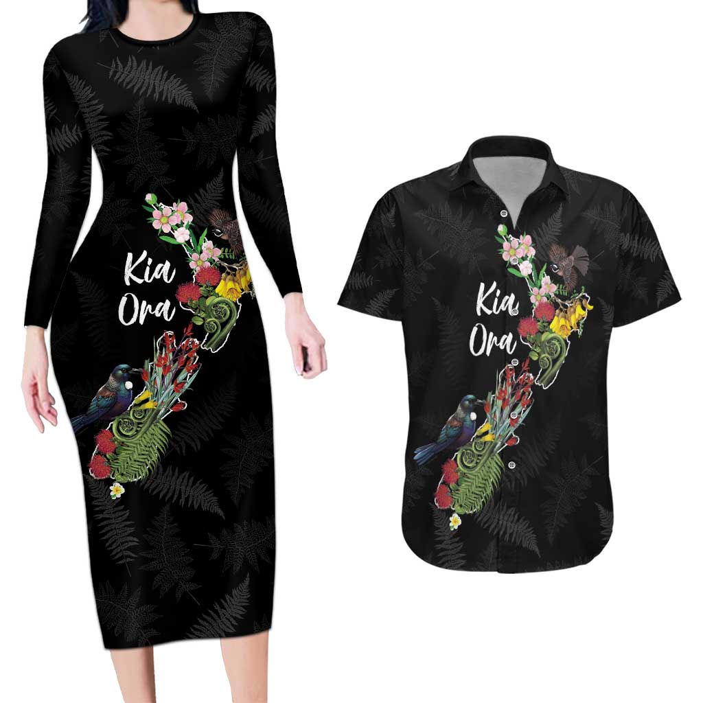Kia Ora New Zealand Floral Personalized Couples Matching Long Sleeve Bodycon Dress and Hawaiian Shirt Black - Aussie Hoodie