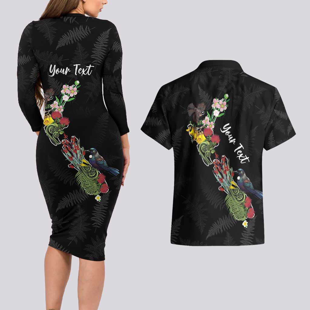 Kia Ora New Zealand Floral Personalized Couples Matching Long Sleeve Bodycon Dress and Hawaiian Shirt Black - Aussie Hoodie