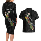 Kia Ora New Zealand Floral Personalized Couples Matching Long Sleeve Bodycon Dress and Hawaiian Shirt Black - Aussie Hoodie