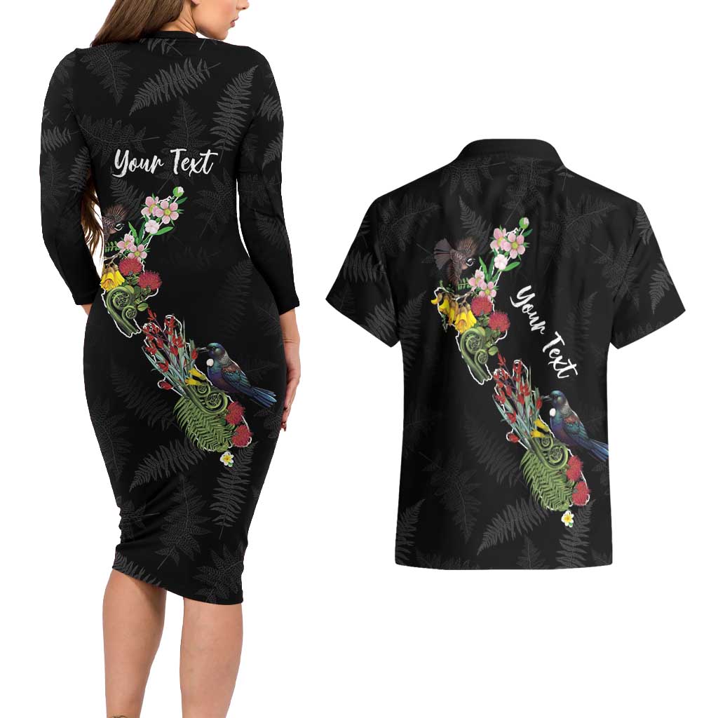 Kia Ora New Zealand Floral Personalized Couples Matching Long Sleeve Bodycon Dress and Hawaiian Shirt Black - Aussie Hoodie