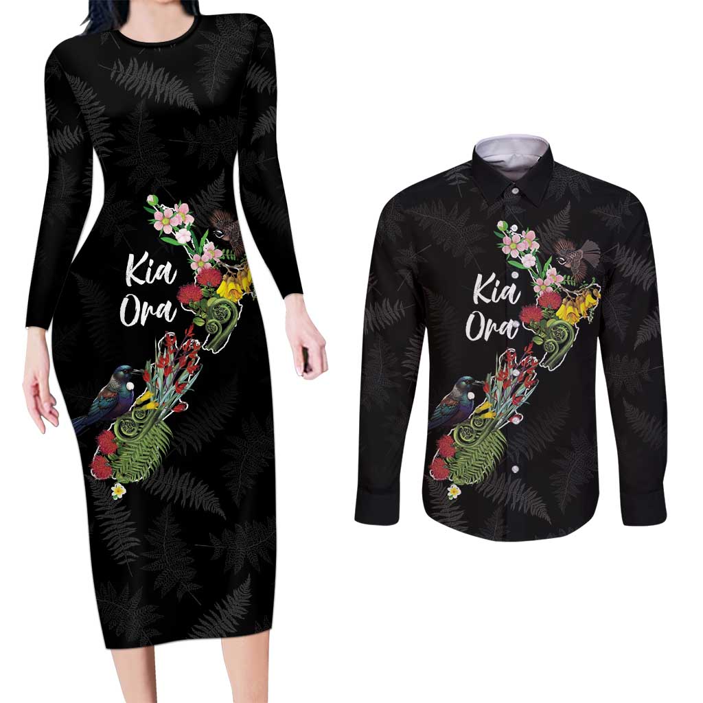 Kia Ora New Zealand Floral Personalized Couples Matching Long Sleeve Bodycon Dress and Long Sleeve Button Shirt Black - Aussie Hoodie