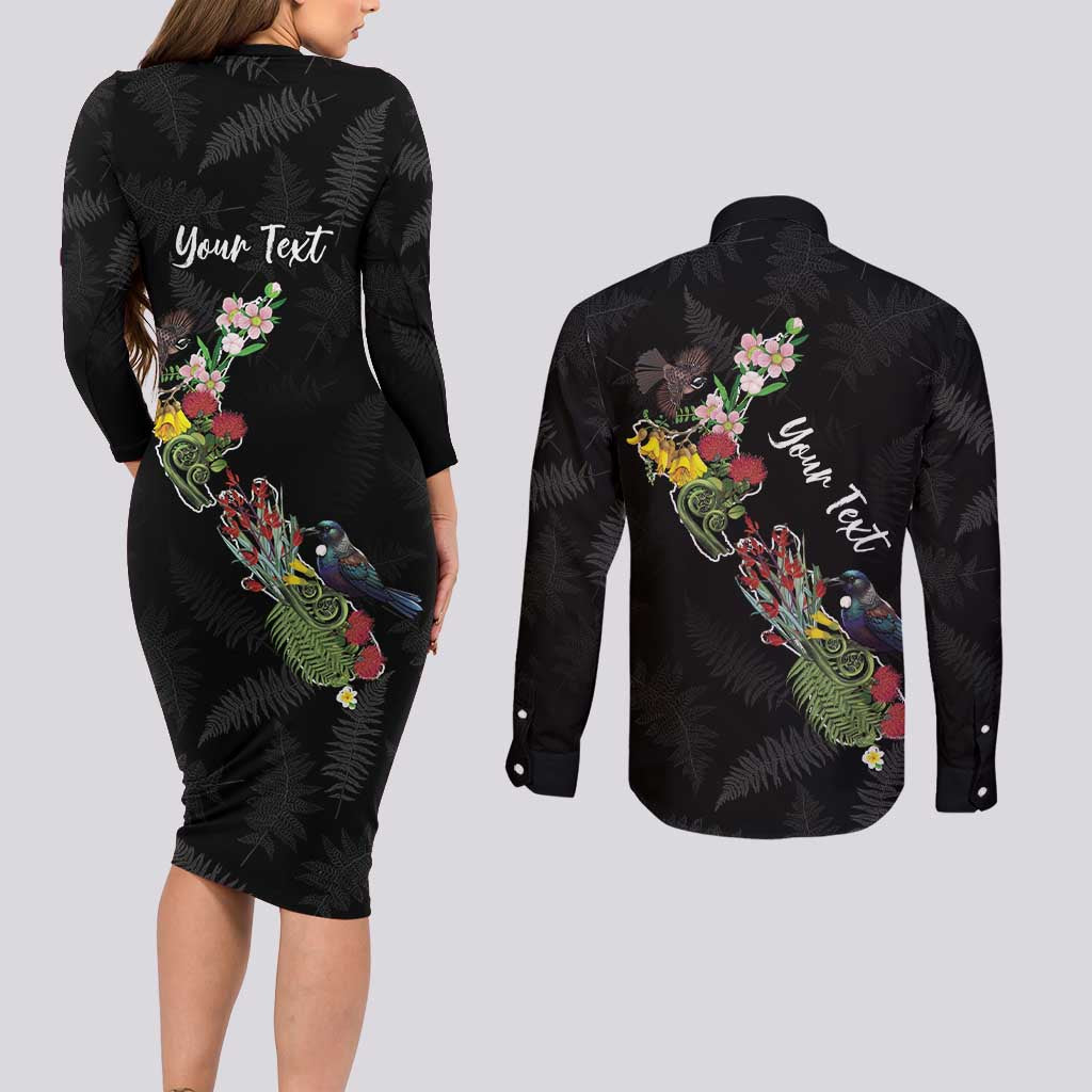 Kia Ora New Zealand Floral Personalized Couples Matching Long Sleeve Bodycon Dress and Long Sleeve Button Shirt Black - Aussie Hoodie
