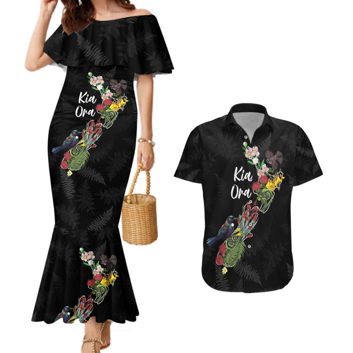 Kia Ora New Zealand Floral Personalized Couples Matching Mermaid Dress and Hawaiian Shirt Black - Aussie Hoodie