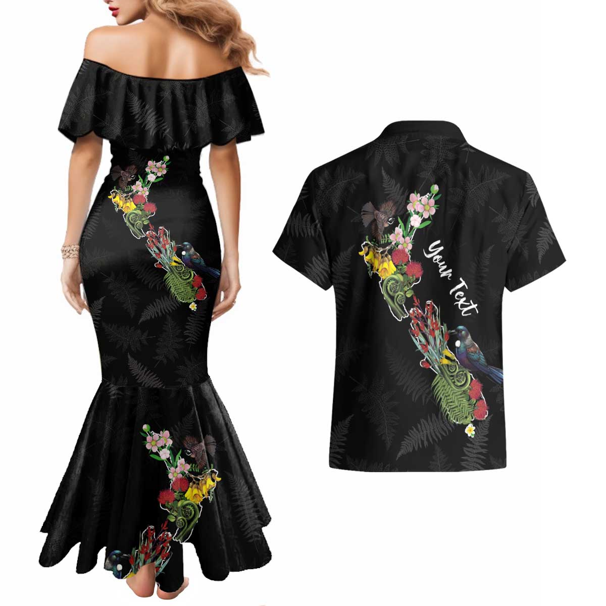 Kia Ora New Zealand Floral Personalized Couples Matching Mermaid Dress and Hawaiian Shirt Black - Aussie Hoodie