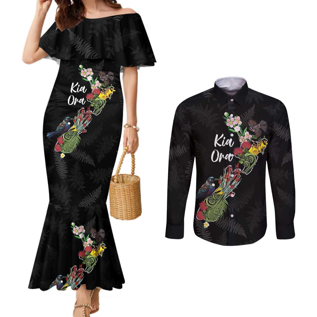Kia Ora New Zealand Floral Personalized Couples Matching Mermaid Dress and Long Sleeve Button Shirt Black - Aussie Hoodie