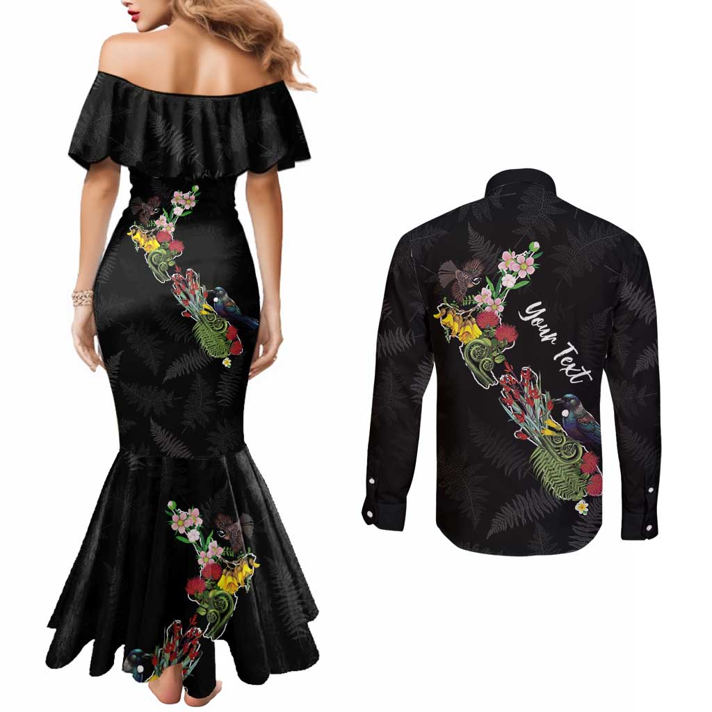 Kia Ora New Zealand Floral Personalized Couples Matching Mermaid Dress and Long Sleeve Button Shirt Black - Aussie Hoodie