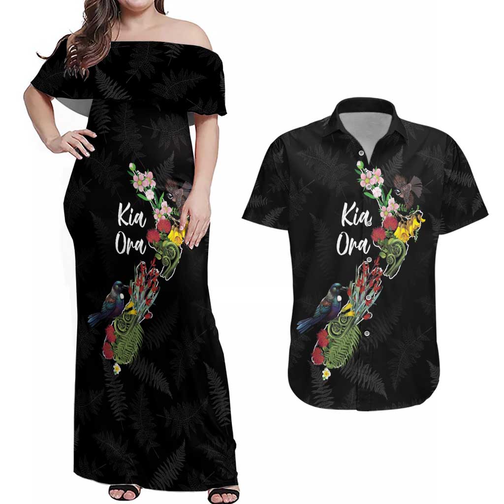 Kia Ora New Zealand Floral Personalized Couples Matching Off Shoulder Maxi Dress and Hawaiian Shirt Black - Aussie Hoodie