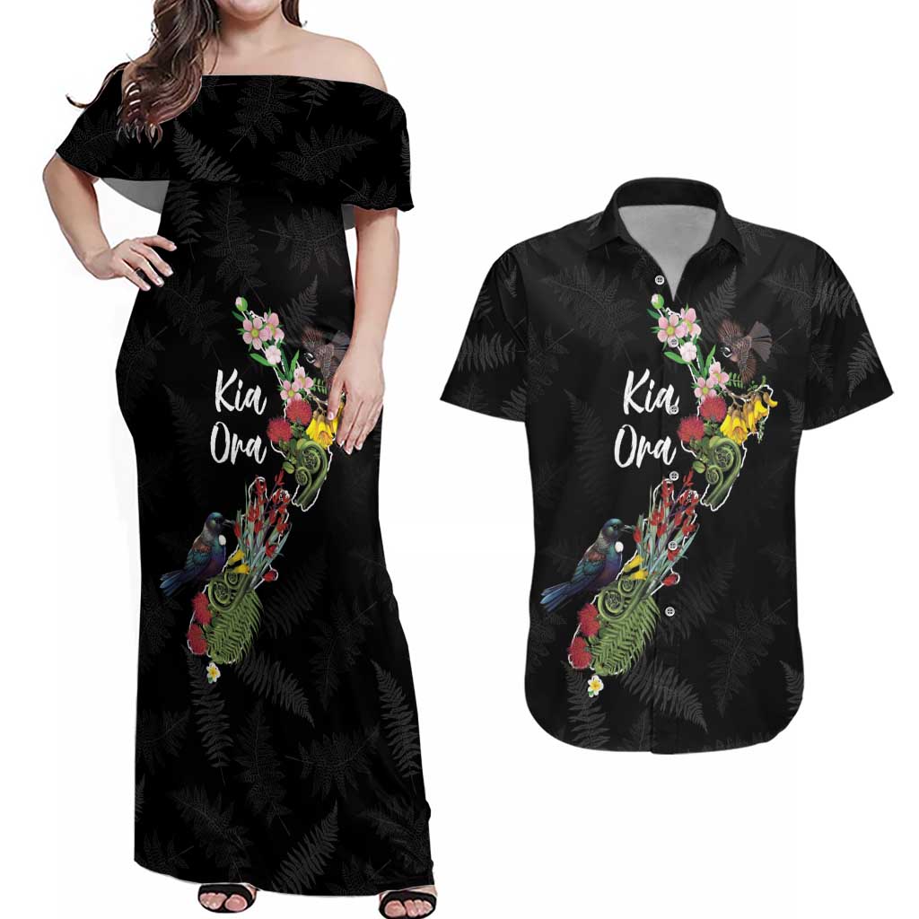 Kia Ora New Zealand Floral Personalized Couples Matching Off Shoulder Maxi Dress and Hawaiian Shirt Black - Aussie Hoodie