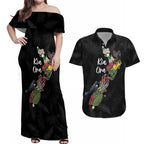 Kia Ora New Zealand Floral Personalized Couples Matching Off Shoulder Maxi Dress and Hawaiian Shirt Black - Aussie Hoodie