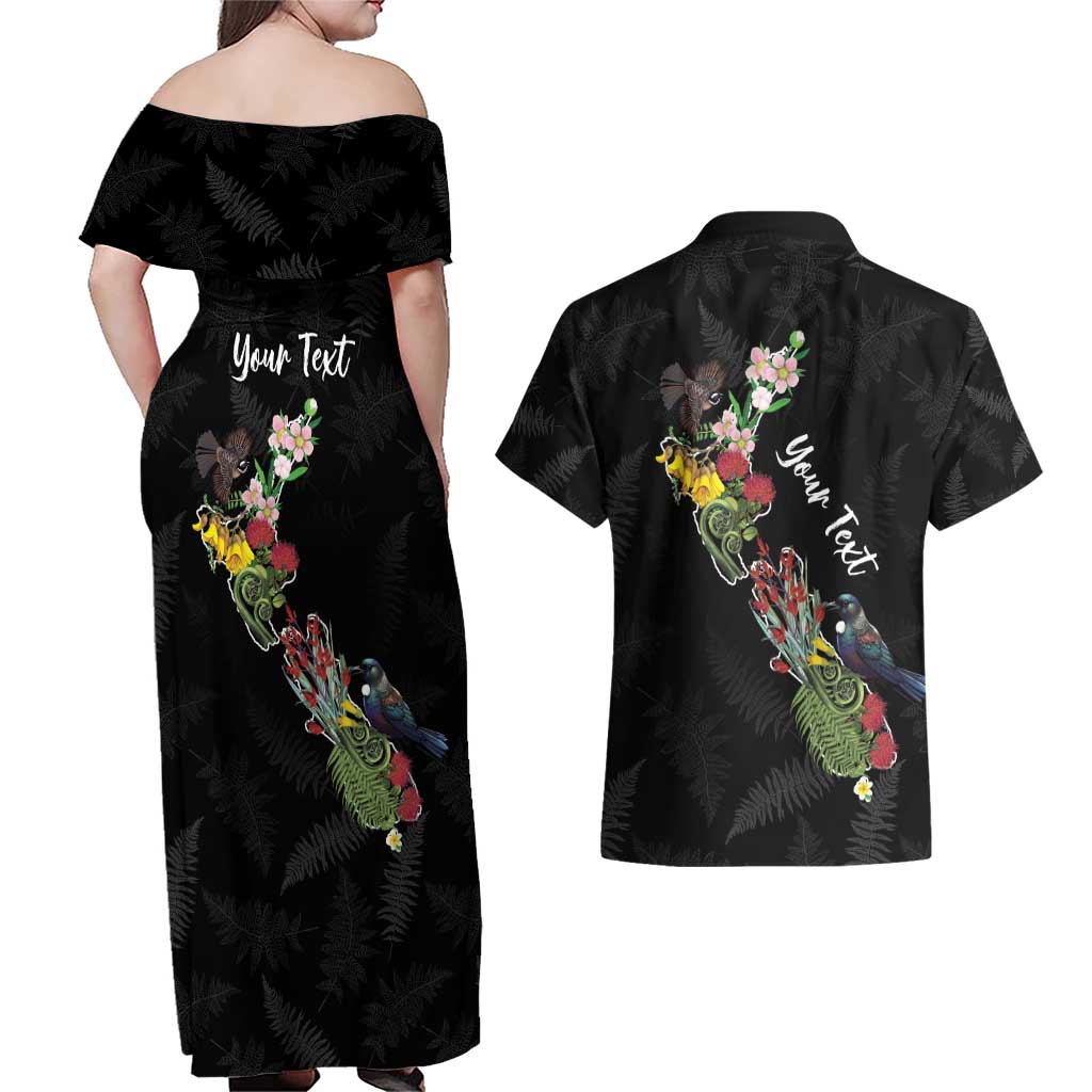 Kia Ora New Zealand Floral Personalized Couples Matching Off Shoulder Maxi Dress and Hawaiian Shirt Black - Aussie Hoodie
