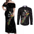 Kia Ora New Zealand Floral Personalized Couples Matching Off Shoulder Maxi Dress and Long Sleeve Button Shirt Black - Aussie Hoodie