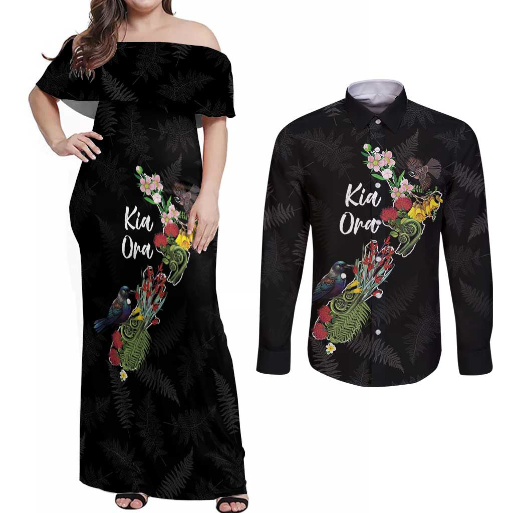 Kia Ora New Zealand Floral Personalized Couples Matching Off Shoulder Maxi Dress and Long Sleeve Button Shirt Black - Aussie Hoodie