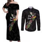 Kia Ora New Zealand Floral Personalized Couples Matching Off Shoulder Maxi Dress and Long Sleeve Button Shirt Black - Aussie Hoodie