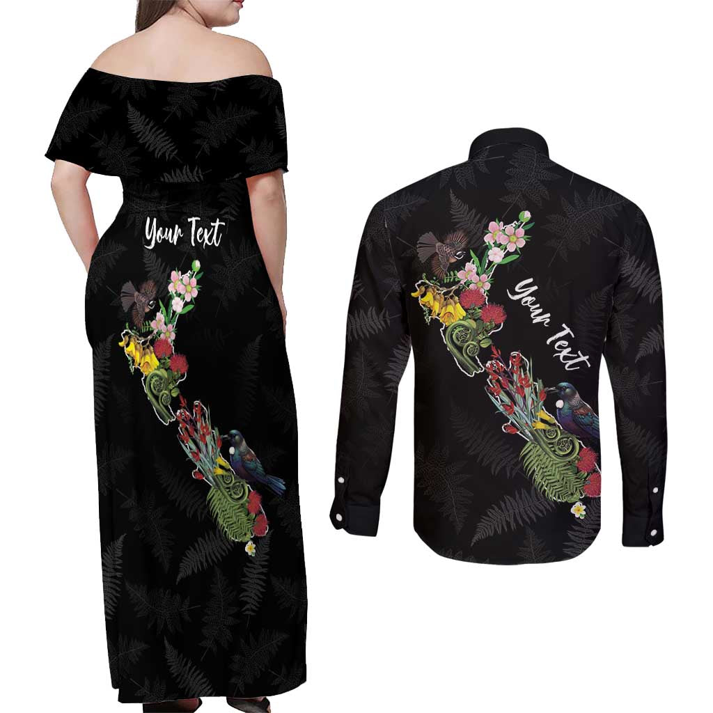 Kia Ora New Zealand Floral Personalized Couples Matching Off Shoulder Maxi Dress and Long Sleeve Button Shirt Black - Aussie Hoodie
